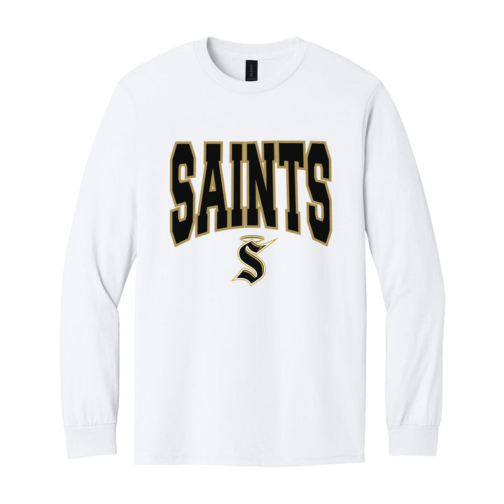Berks Catholic Saints Varsity Block long sleeve t-shirt in White: big outlined varsity SAINTS lettering over the halo S