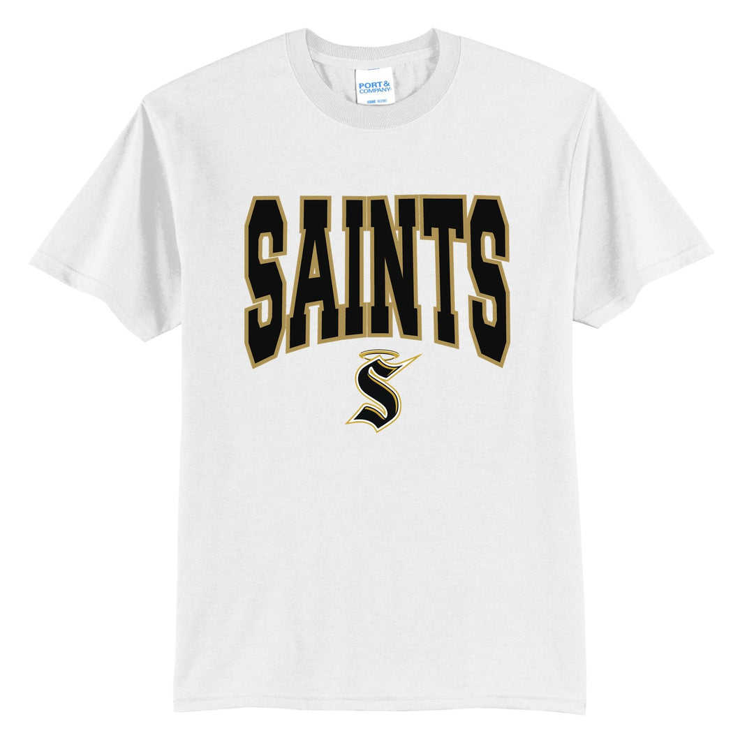 Berks Catholic Saints Varsity Block t-shirt in White: big outlined varsity SAINTS lettering over the halo S