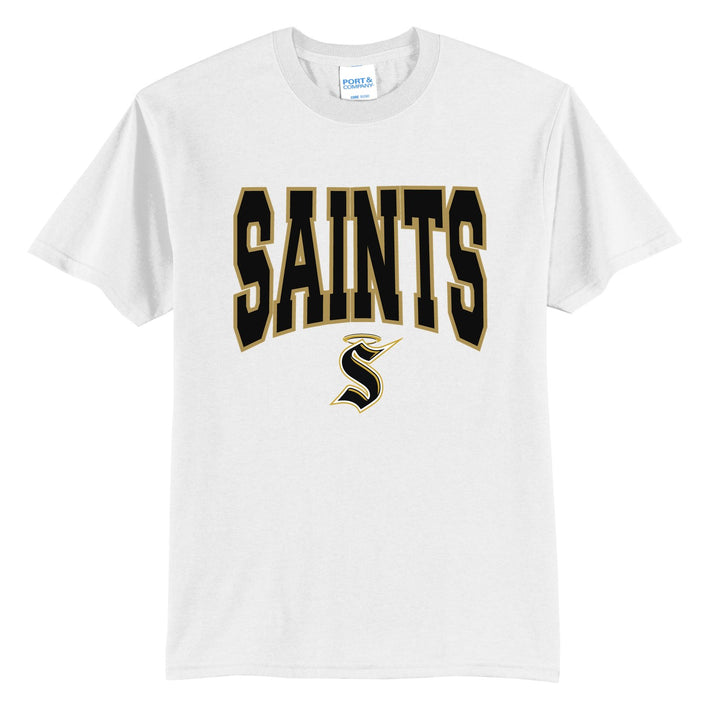 Berks Catholic Saints Varsity Block t-shirt in White: big outlined varsity SAINTS lettering over the halo S