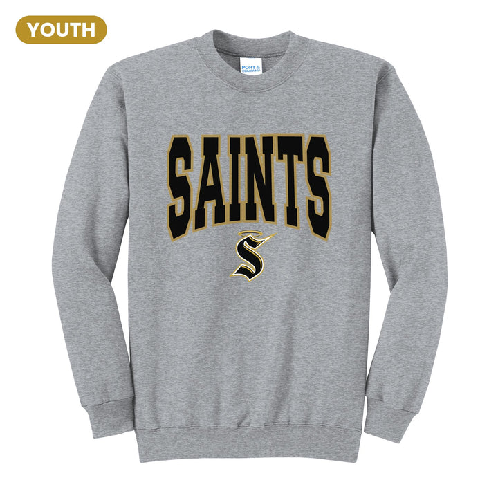 Berks Catholic Saints Varsity Block youth crewneck sweatshirt in Athletic Heather: big outlined varsity SAINTS lettering over the halo S