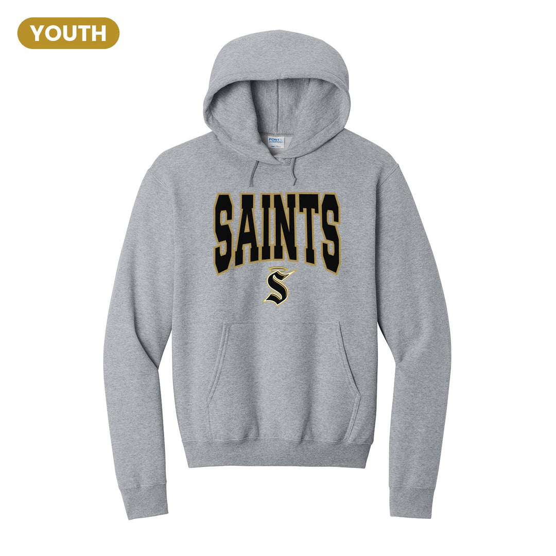 Berks Catholic Saints Varsity Block youth hoodie in Athletic Heather: big outlined varsity SAINTS lettering over the halo S