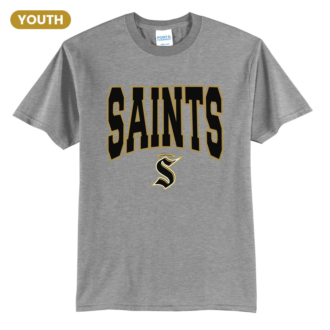 Berks Catholic Saints Varsity Block youth t-shirt in Athletic Heather: big outlined varsity SAINTS lettering over the halo S