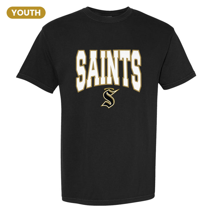 Berks Catholic Saints Varsity Block youth comfort colors t-shirt in Black: big outlined varsity SAINTS lettering over the halo S