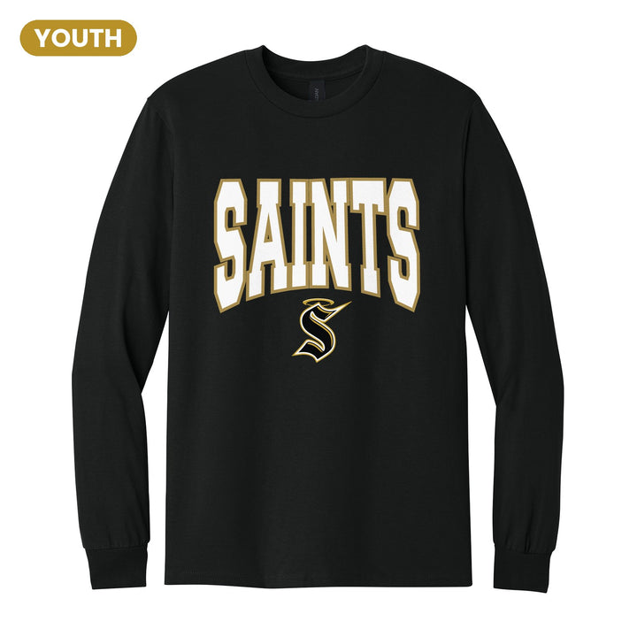 Berks Catholic Saints Varsity Block youth long sleeve t-shirt in Black: big outlined varsity SAINTS lettering over the halo S