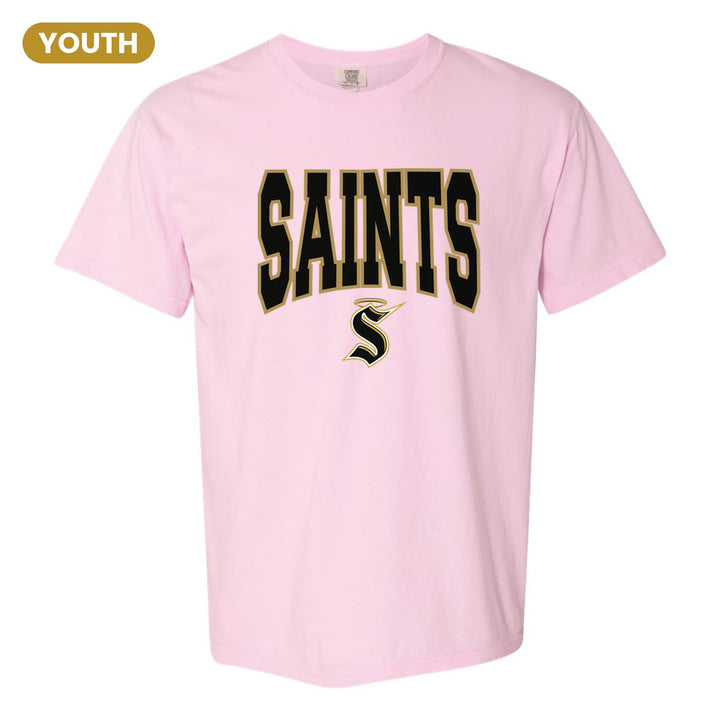 Berks Catholic Saints Varsity Block youth comfort colors t-shirt in Blossom: big outlined varsity SAINTS lettering over the halo S