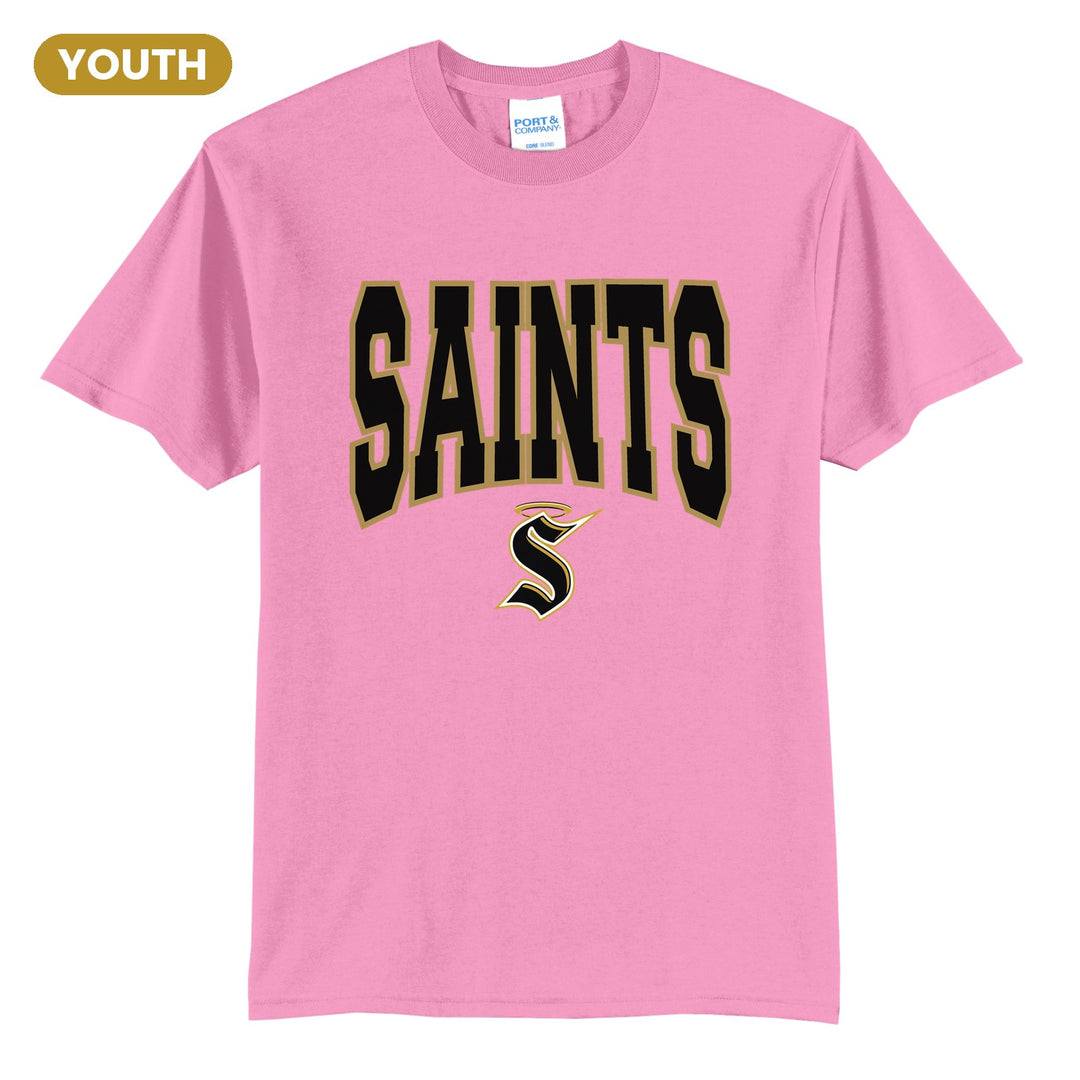 Berks Catholic Saints Varsity Block youth t-shirt in Candy Pink: big outlined varsity SAINTS lettering over the halo S