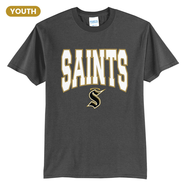 Berks Catholic Saints Varsity Block youth t-shirt in Charcoal: big outlined varsity SAINTS lettering over the halo S