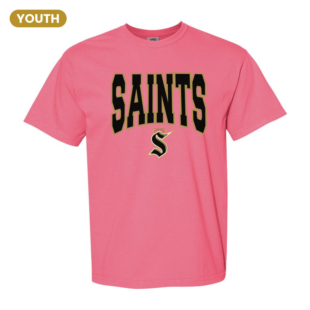 Berks Catholic Saints Varsity Block youth comfort colors t-shirt in Crunchberry: big outlined varsity SAINTS lettering over the halo S
