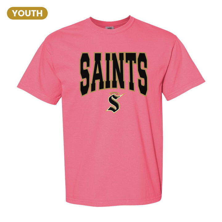 Berks Catholic Saints Varsity Block youth comfort colors t-shirt in Crunchberry: big outlined varsity SAINTS lettering over the halo S