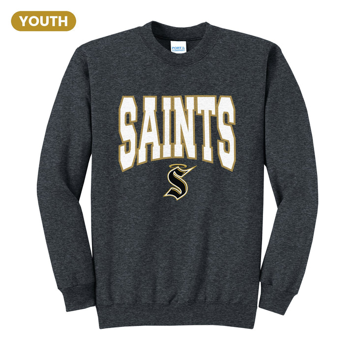 Berks Catholic Saints Varsity Block youth crewneck sweatshirt in Dark Heather Grey: big outlined varsity SAINTS lettering over the halo S