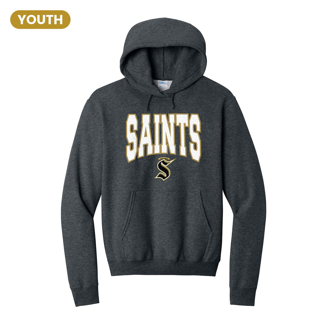 Berks Catholic Saints Varsity Block youth hoodie in Dark Heather Grey: big outlined varsity SAINTS lettering over the halo S