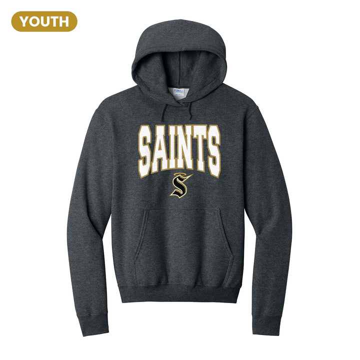Berks Catholic Saints Varsity Block youth hoodie in Dark Heather Grey: big outlined varsity SAINTS lettering over the halo S