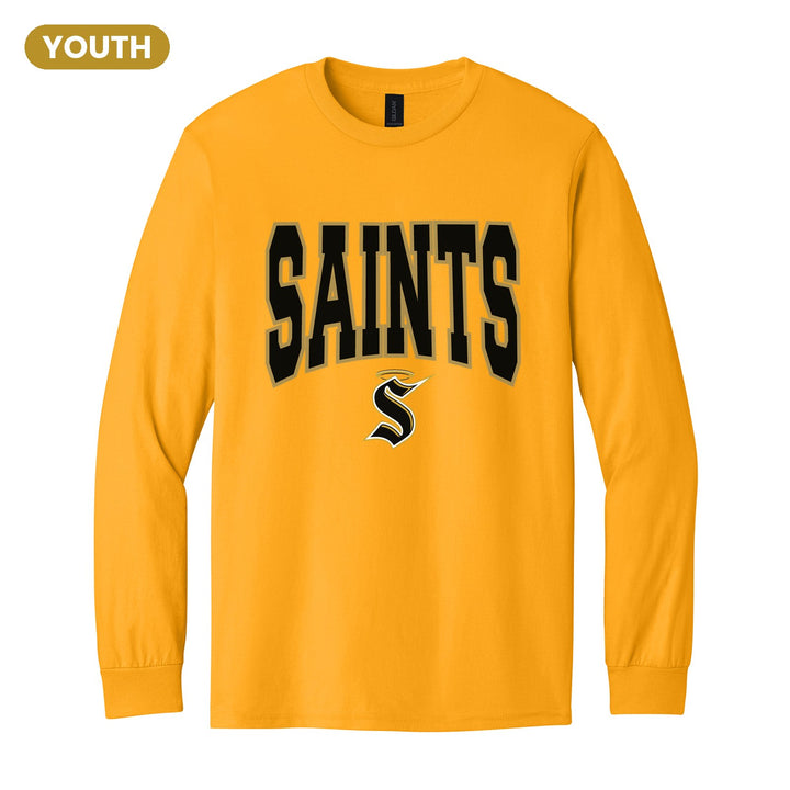 Berks Catholic Saints Varsity Block youth long sleeve t-shirt in Gold: big outlined varsity SAINTS lettering over the halo S