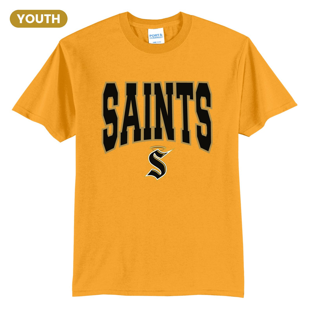 Berks Catholic Saints Varsity Block youth t-shirt in Gold: big outlined varsity SAINTS lettering over the halo S