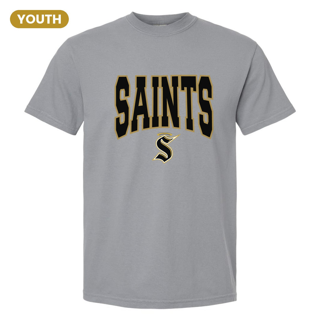 Berks Catholic Saints Varsity Block youth comfort colors t-shirt in Granite: big outlined varsity SAINTS lettering over the halo S