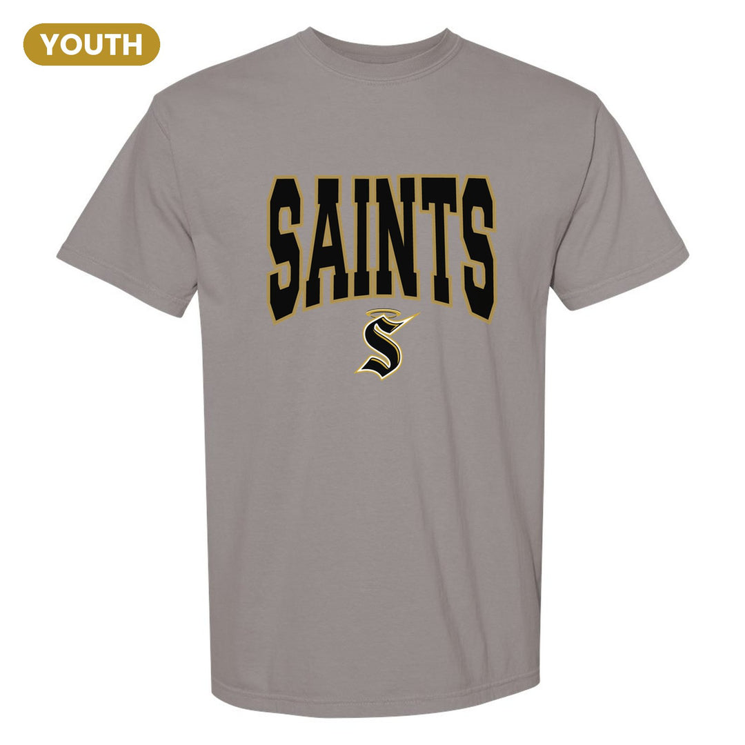 Berks Catholic Saints Varsity Block youth comfort colors t-shirt in Grey: big outlined varsity SAINTS lettering over the halo S