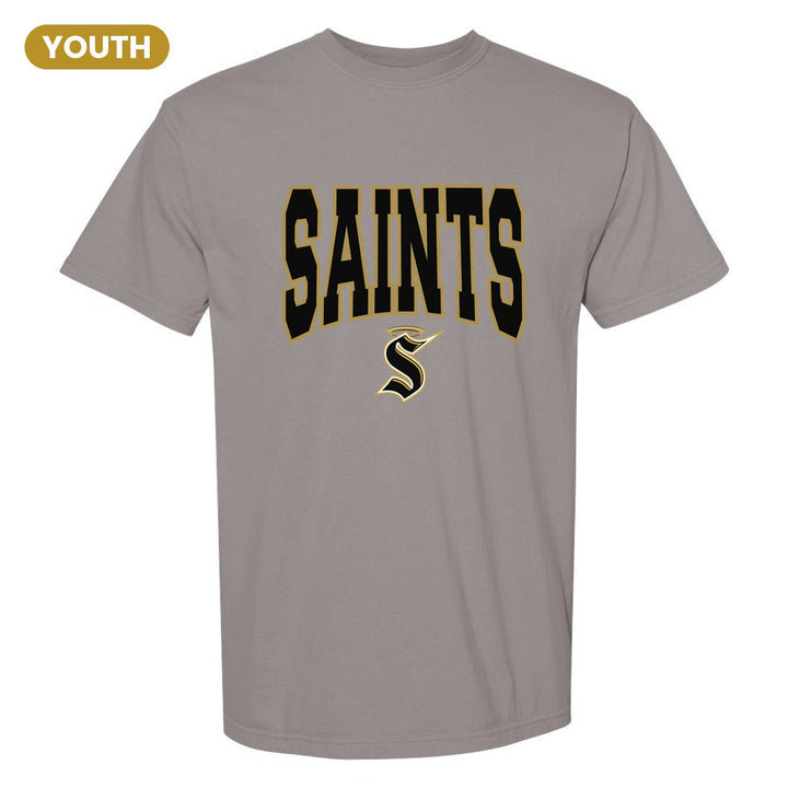 Berks Catholic Saints Varsity Block youth comfort colors t-shirt in Grey: big outlined varsity SAINTS lettering over the halo S