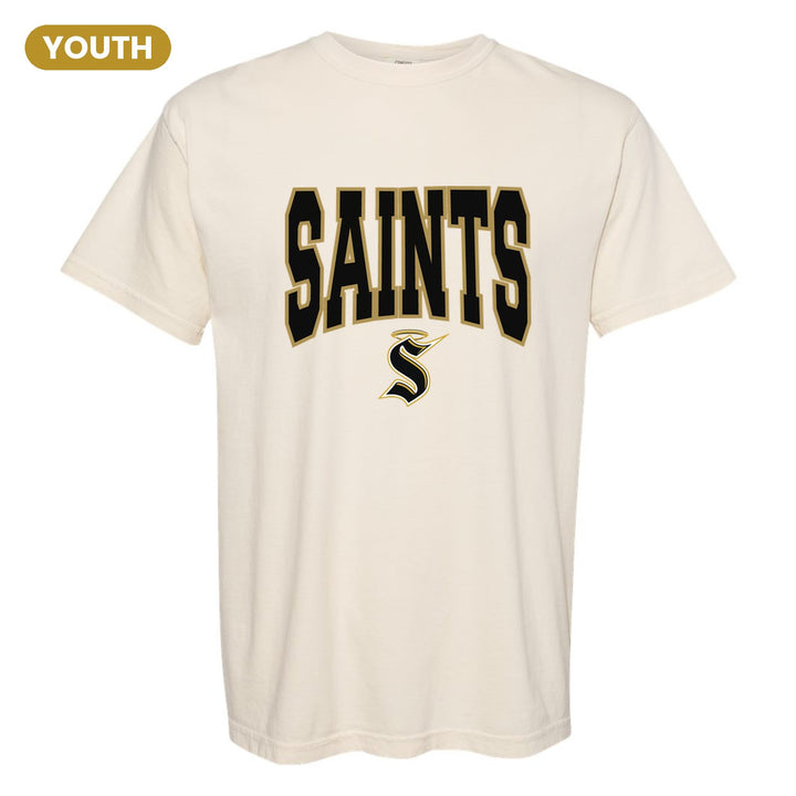 Berks Catholic Saints Varsity Block youth comfort colors t-shirt in Ivory: big outlined varsity SAINTS lettering over the halo S