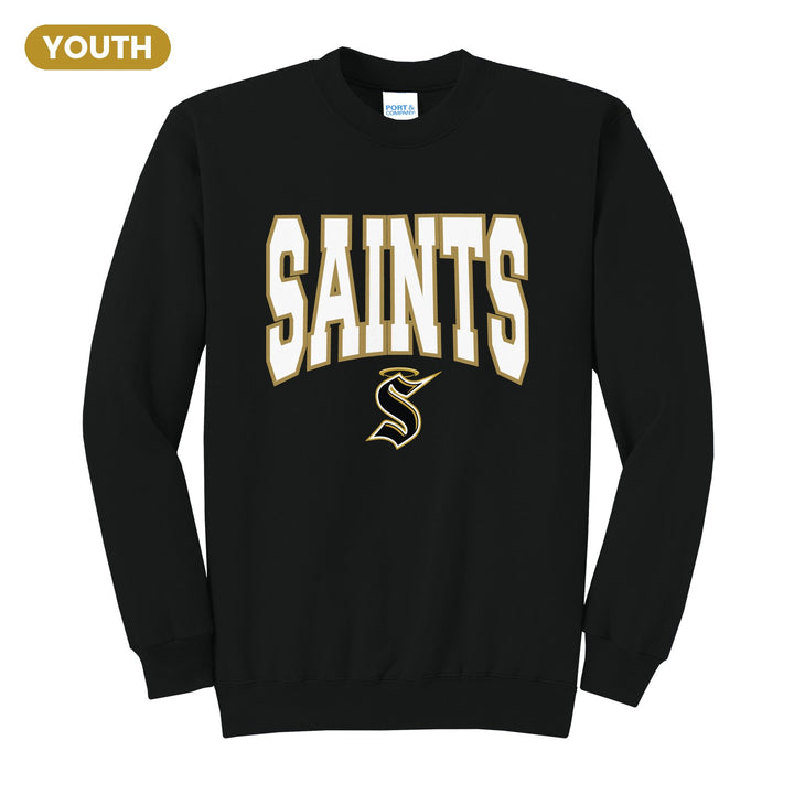 Berks Catholic Saints Varsity Block youth crewneck sweatshirt in Jet Black: big outlined varsity SAINTS lettering over the halo S