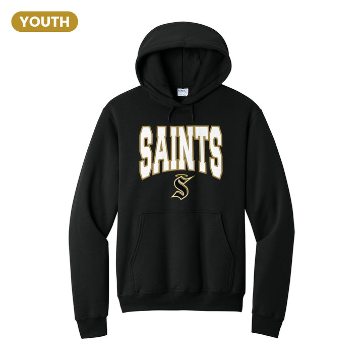 Berks Catholic Saints Varsity Block youth hoodie in Jet Black: big outlined varsity SAINTS lettering over the halo S