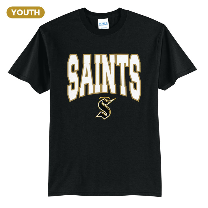 Berks Catholic Saints Varsity Block youth t-shirt in Jet Black: big outlined varsity SAINTS lettering over the halo S