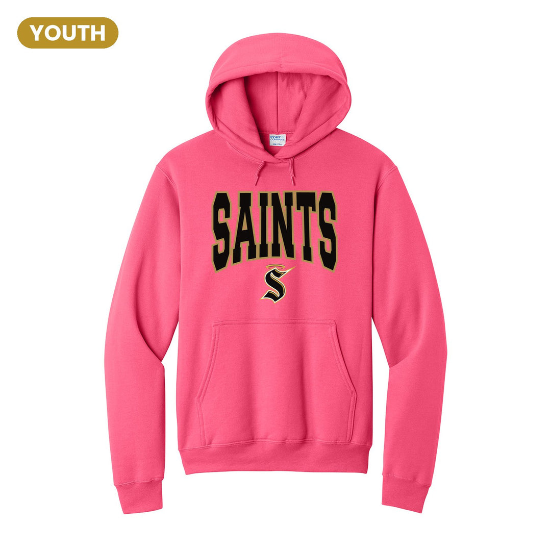Berks Catholic Saints Varsity Block youth hoodie in Neon Pink: big outlined varsity SAINTS lettering over the halo S