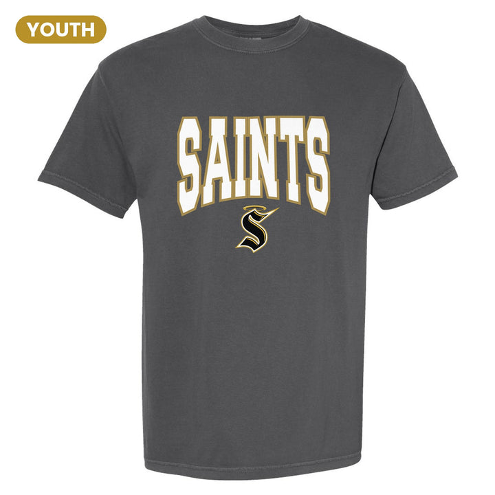 Berks Catholic Saints Varsity Block youth comfort colors t-shirt in Pepper: big outlined varsity SAINTS lettering over the halo S