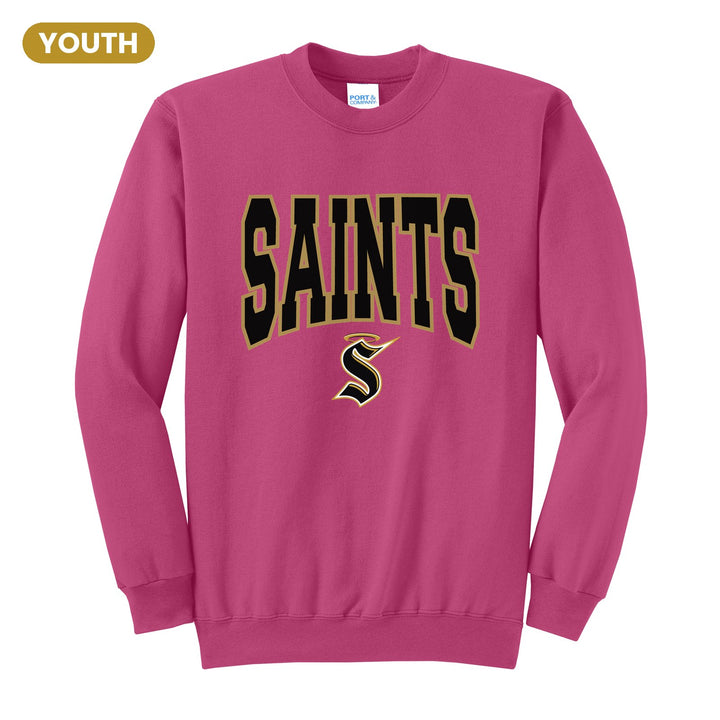Berks Catholic Saints Varsity Block youth crewneck sweatshirt in Sangria: big outlined varsity SAINTS lettering over the halo S