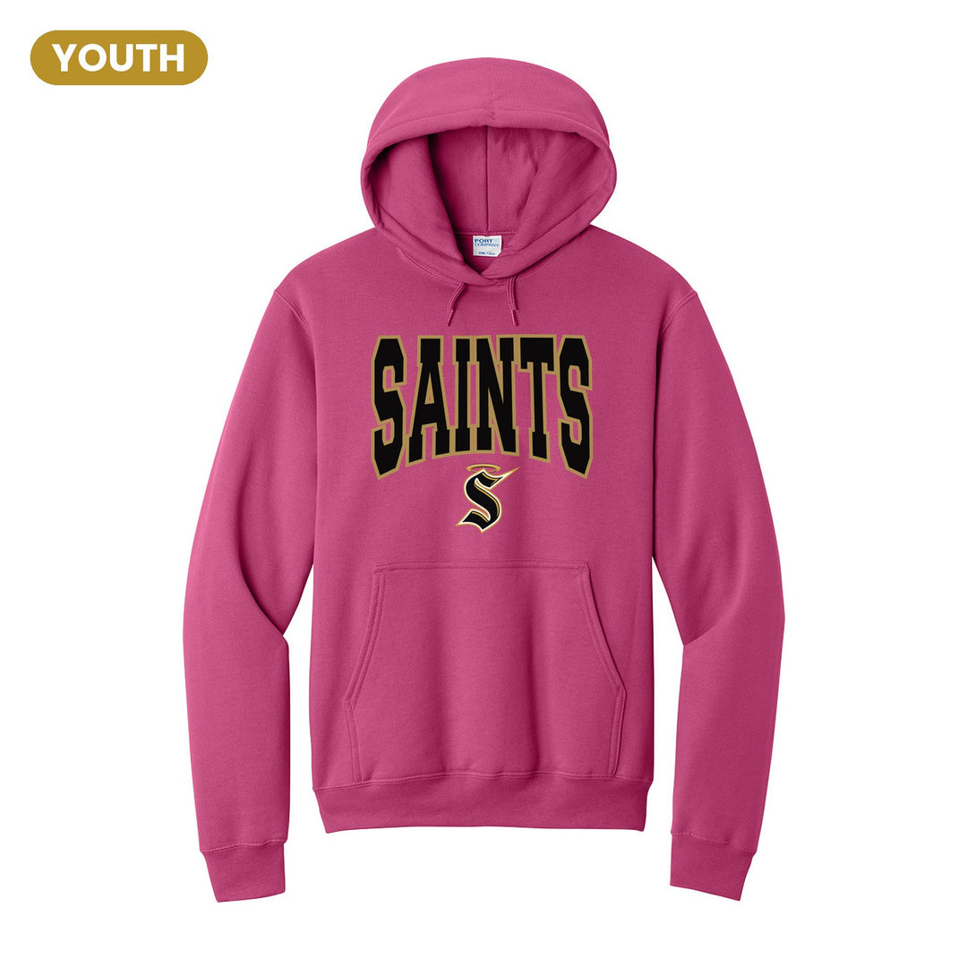 Berks Catholic Saints Varsity Block youth hoodie in Sangria: big outlined varsity SAINTS lettering over the halo S