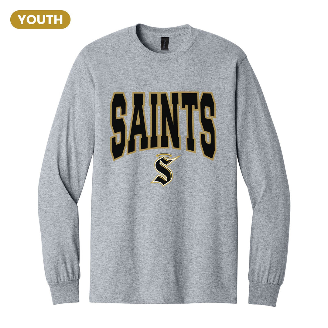 Berks Catholic Saints Varsity Block youth long sleeve t-shirt in Sport Grey: big outlined varsity SAINTS lettering over the halo S