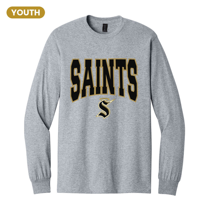 Berks Catholic Saints Varsity Block youth long sleeve t-shirt in Sport Grey: big outlined varsity SAINTS lettering over the halo S