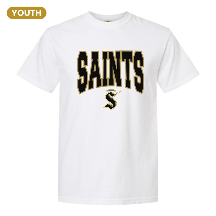 Berks Catholic Saints Varsity Block youth comfort colors t-shirt in White: big outlined varsity SAINTS lettering over the halo S