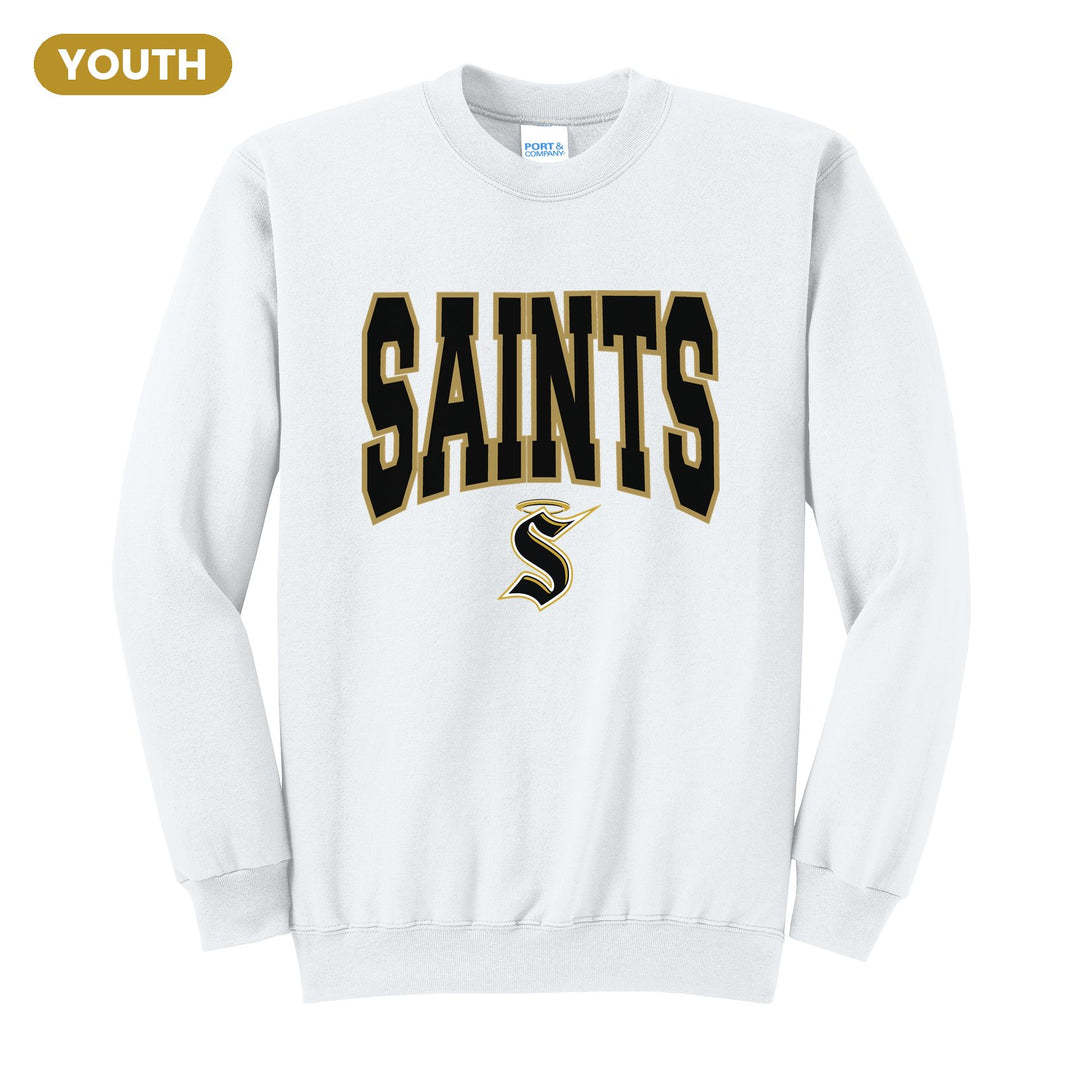 Berks Catholic Saints Varsity Block youth crewneck sweatshirt in White: big outlined varsity SAINTS lettering over the halo S