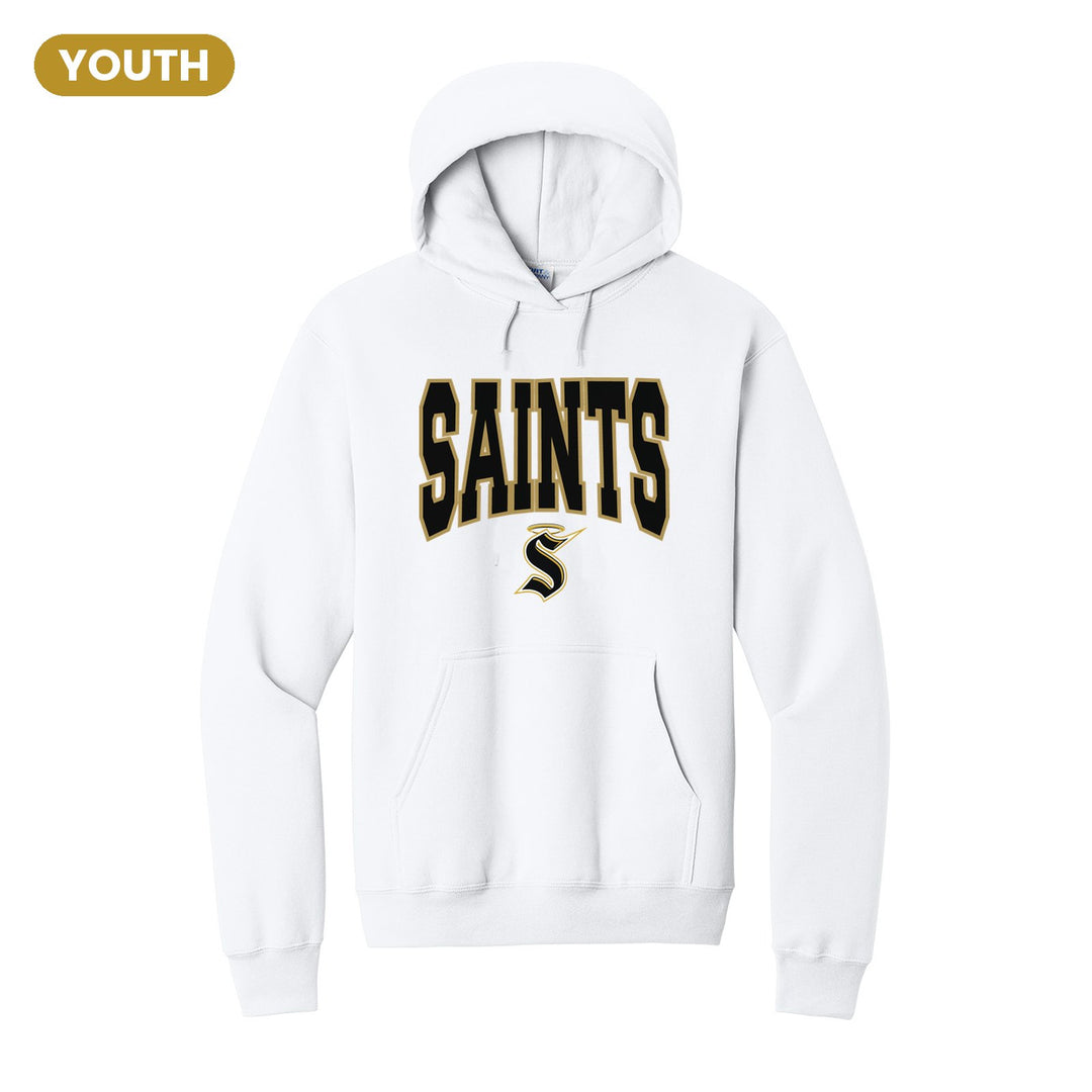 Berks Catholic Saints Varsity Block youth hoodie in White: big outlined varsity SAINTS lettering over the halo S