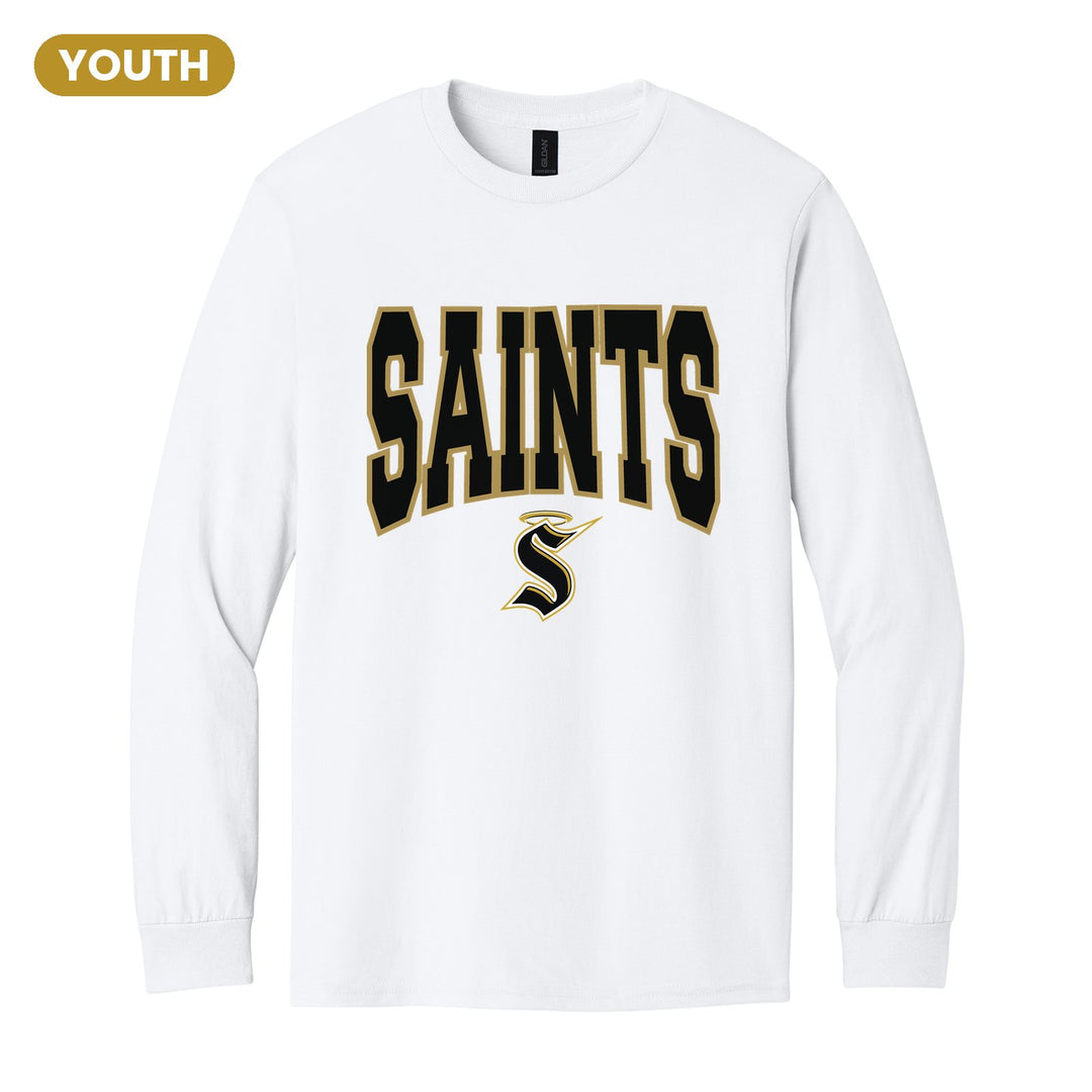 Berks Catholic Saints Varsity Block youth long sleeve t-shirt in White: big outlined varsity SAINTS lettering over the halo S