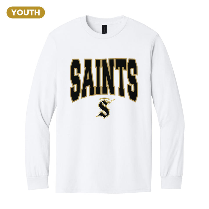 Berks Catholic Saints Varsity Block youth long sleeve t-shirt in White: big outlined varsity SAINTS lettering over the halo S