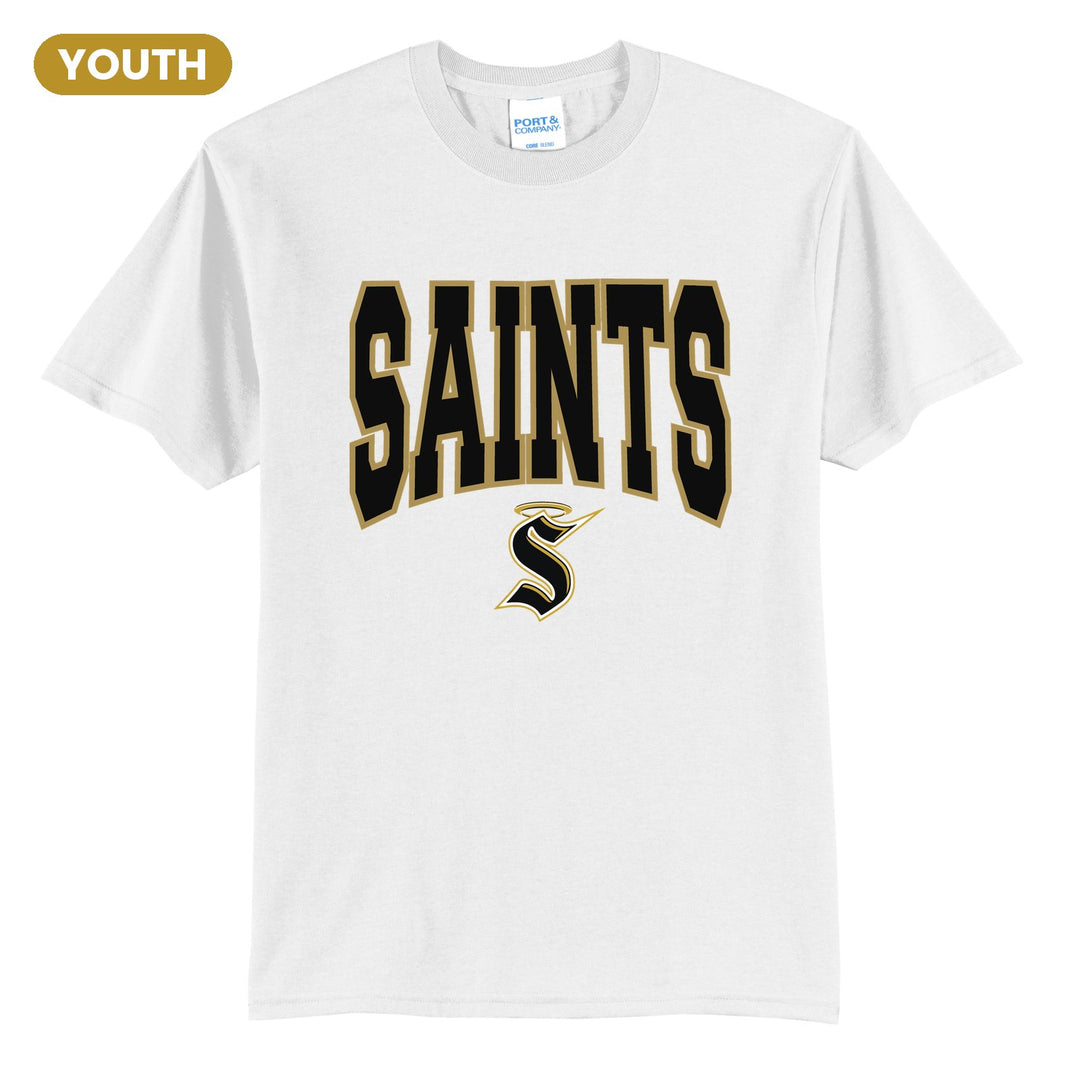 Berks Catholic Saints Varsity Block youth t-shirt in White: big outlined varsity SAINTS lettering over the halo S