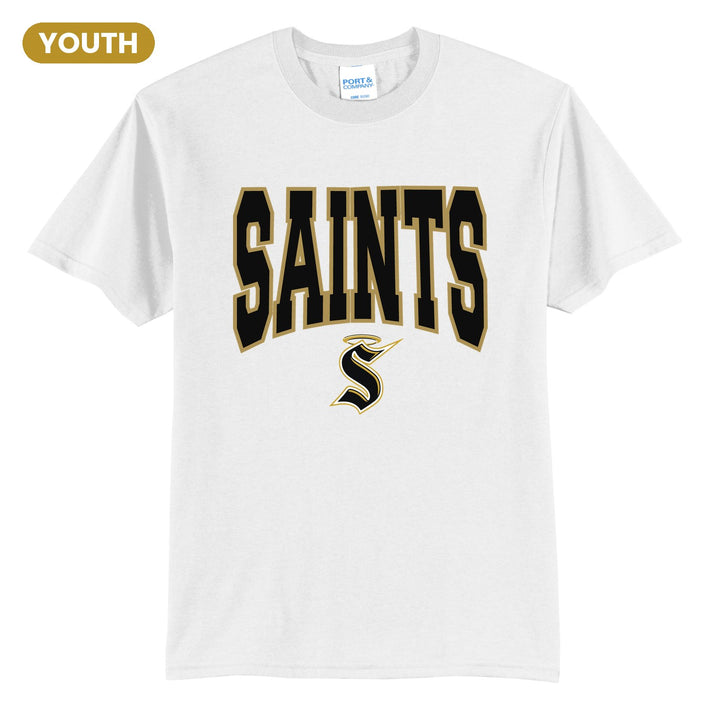 Berks Catholic Saints Varsity Block youth t-shirt in White: big outlined varsity SAINTS lettering over the halo S