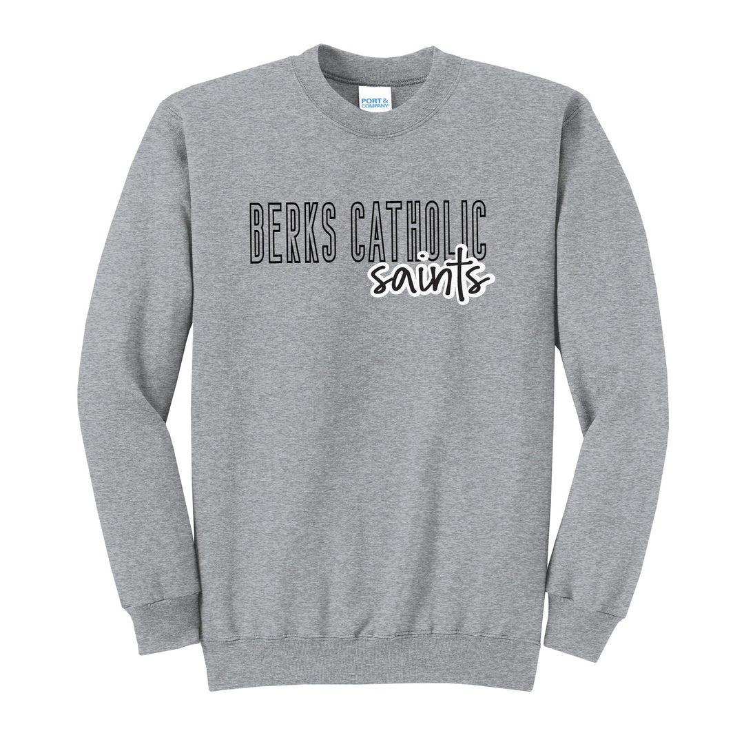 Berks Catholic Saints Outline Script crewneck sweatshirt in Athletic Heather: outlined BERKS CATHOLIC letters with saints script across the front