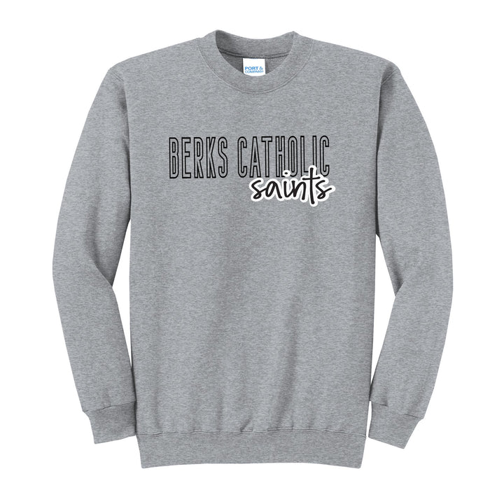 Berks Catholic Saints Outline Script crewneck sweatshirt in Athletic Heather: outlined BERKS CATHOLIC letters with saints script across the front