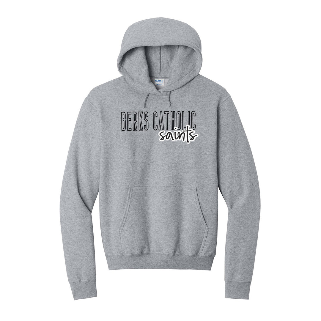 Berks Catholic Saints Outline Script hoodie in Athletic Heather: outlined BERKS CATHOLIC letters with saints script across the front