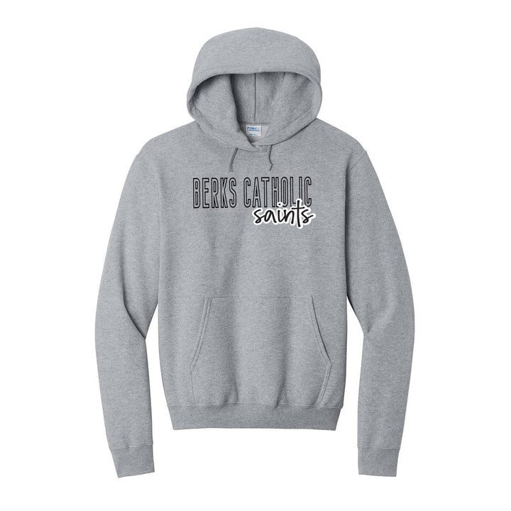 Berks Catholic Saints Outline Script hoodie in Athletic Heather: outlined BERKS CATHOLIC letters with saints script across the front