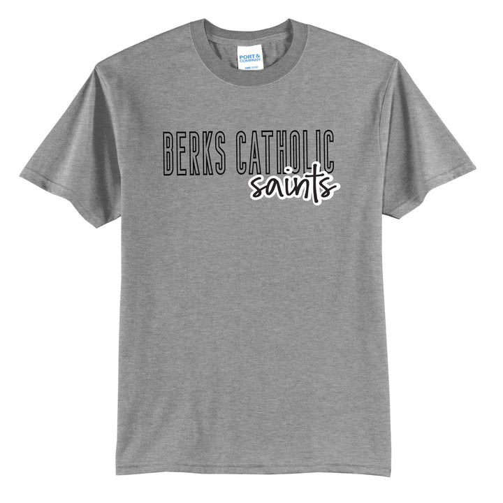 Berks Catholic Saints Outline Script t-shirt in Athletic Heather: outlined BERKS CATHOLIC letters with saints script across the front
