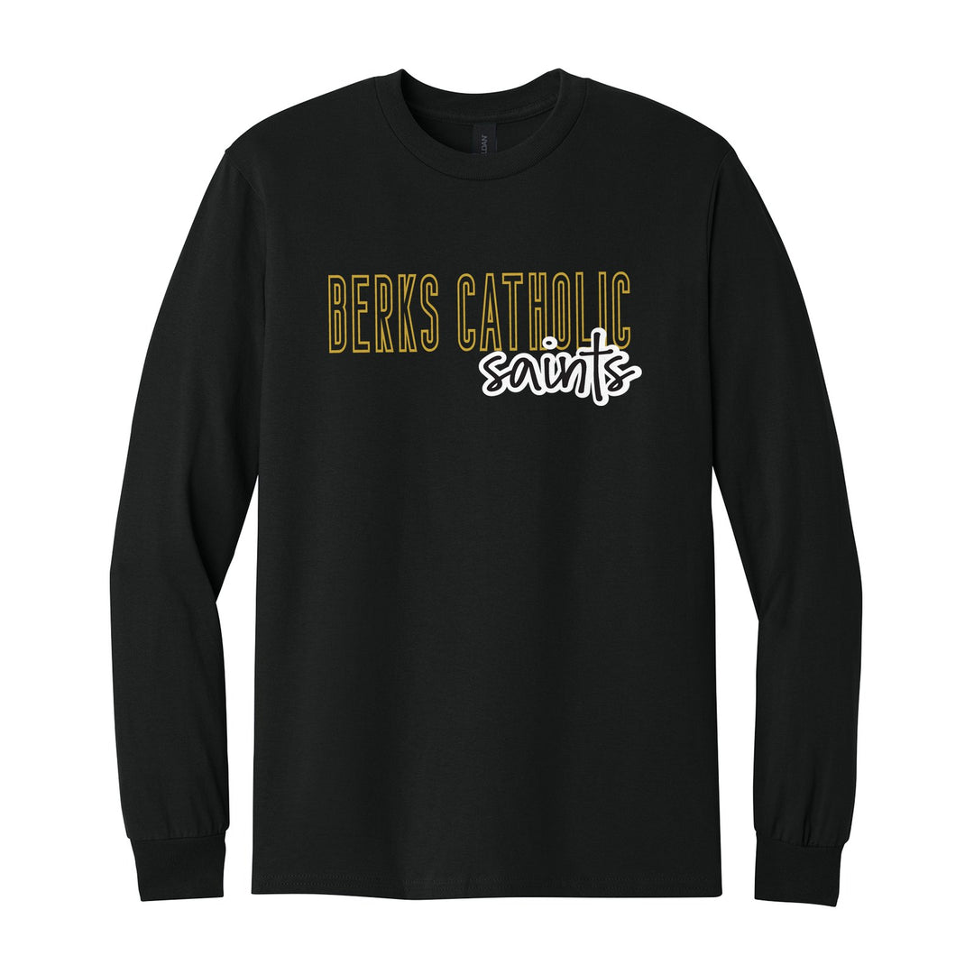 Berks Catholic Saints Outline Script long sleeve t-shirt in Black: outlined BERKS CATHOLIC letters with saints script across the front