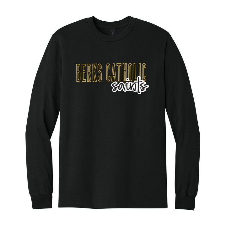 Berks Catholic Saints Outline Script long sleeve t-shirt in Black: outlined BERKS CATHOLIC letters with saints script across the front
