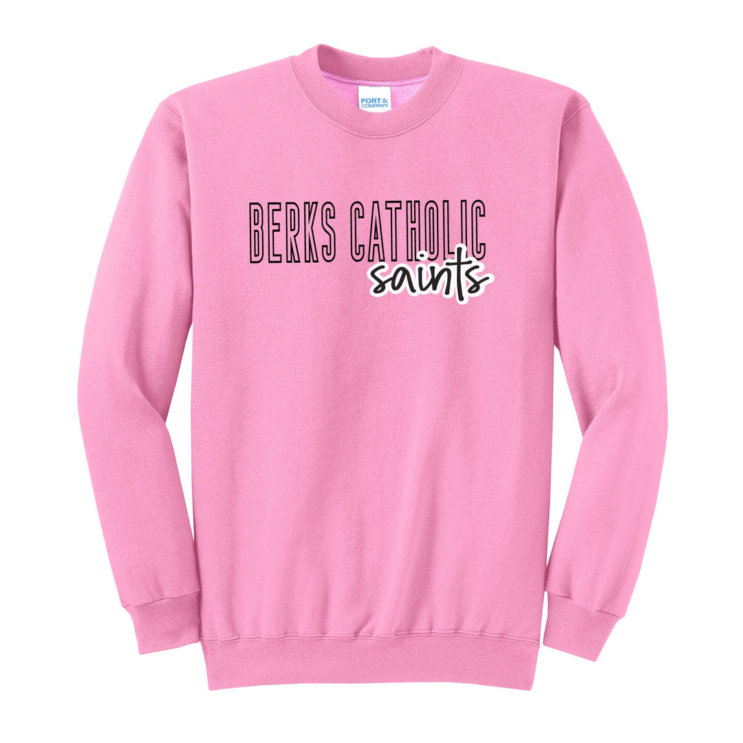 Berks Catholic Saints Outline Script crewneck sweatshirt in Candy Pink: outlined BERKS CATHOLIC letters with saints script across the front