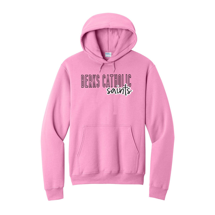 Berks Catholic Saints Outline Script hoodie in Candy Pink: outlined BERKS CATHOLIC letters with saints script across the front