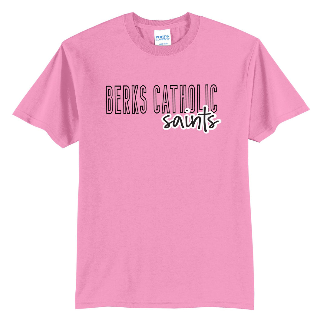 Berks Catholic Saints Outline Script t-shirt in Candy Pink: outlined BERKS CATHOLIC letters with saints script across the front
