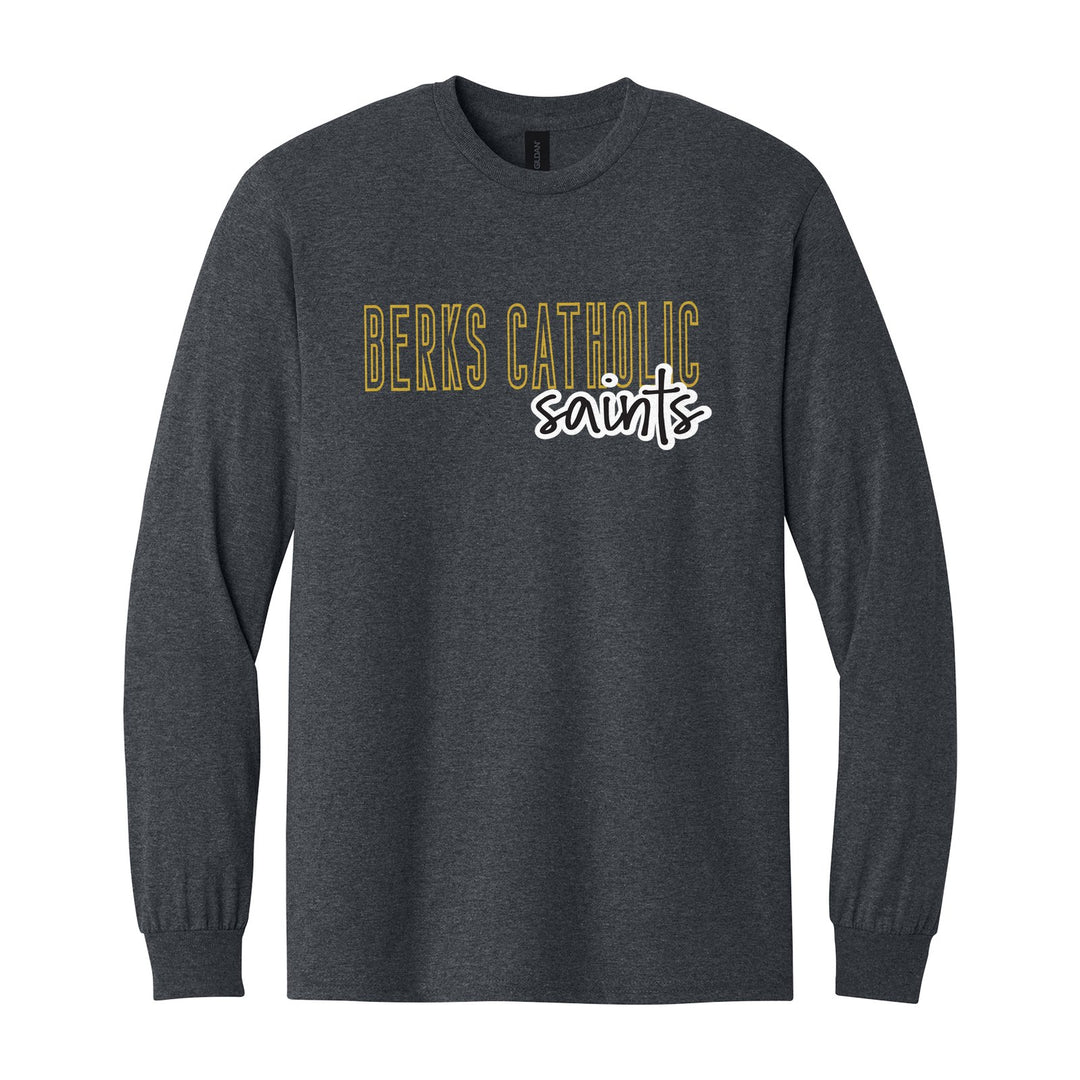Berks Catholic Saints Outline Script long sleeve t-shirt in Dark Heather: outlined BERKS CATHOLIC letters with saints script across the front