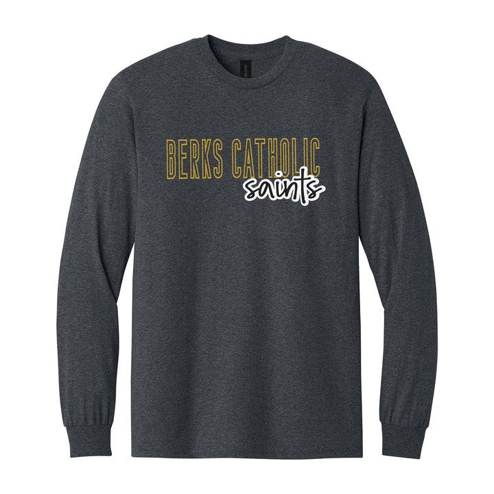 Berks Catholic Saints Outline Script long sleeve t-shirt in Dark Heather: outlined BERKS CATHOLIC letters with saints script across the front